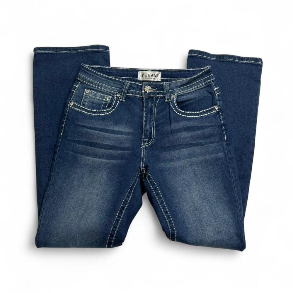 Y Jeans Los Angeles blue bootcut embellished Y2K 2000s jeans stitching size 7/8 - Picture 3 of 8